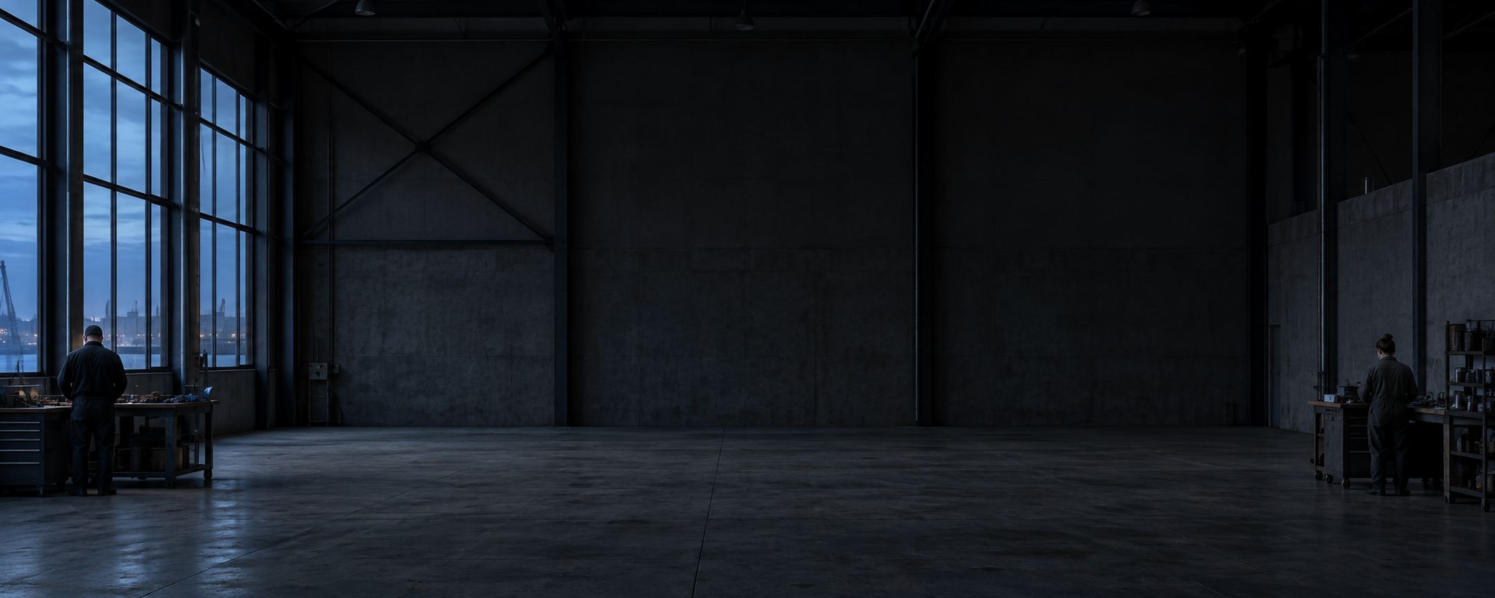 Dim industrial workspace at dusk