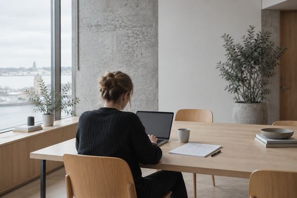 Person working alone at a long table by a window