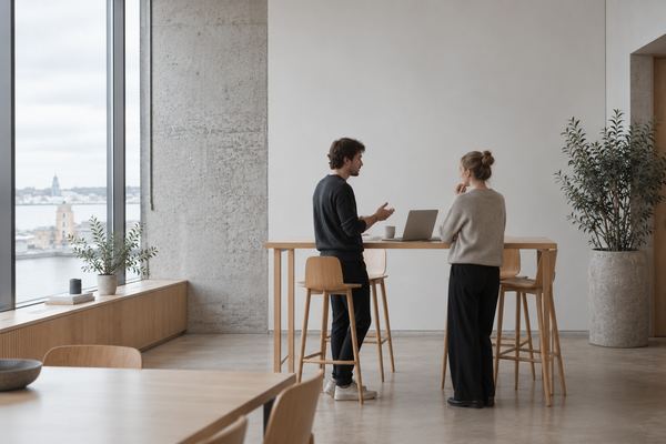Two colleagues in conversation at a high table