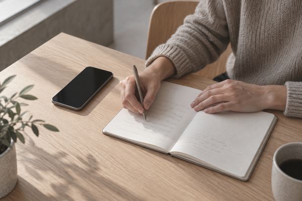 Hands writing in a notebook beside a phone